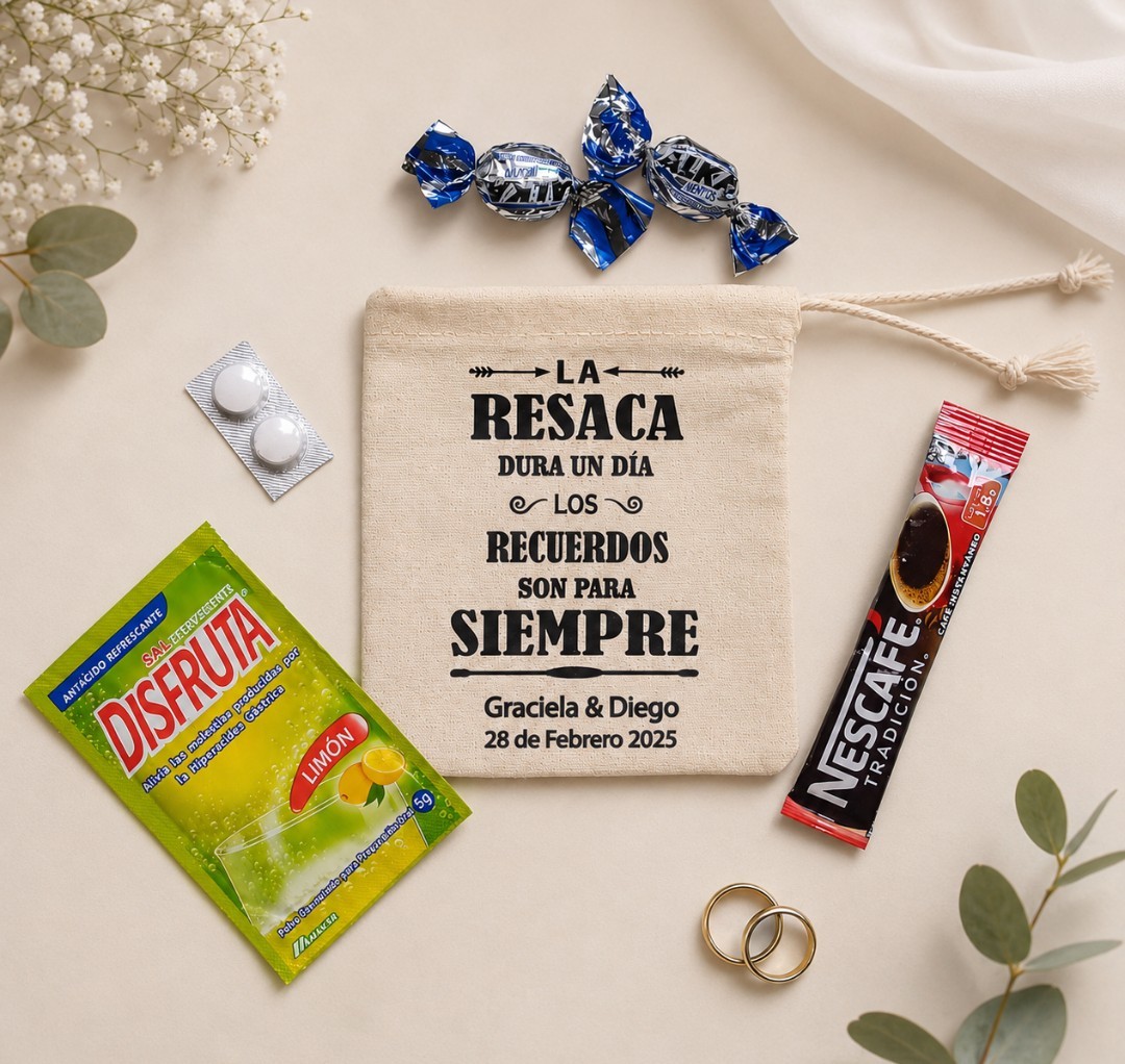 Pack 50 unidades bolsa algodón kit anti resaca personalizadas
